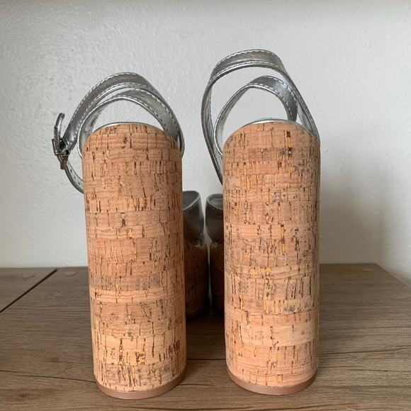 Schutz Pattie Platform Pump Heels sz 8 US Chunky Sandal Silver Cork Cyber Y2K - Picture 4 of 13